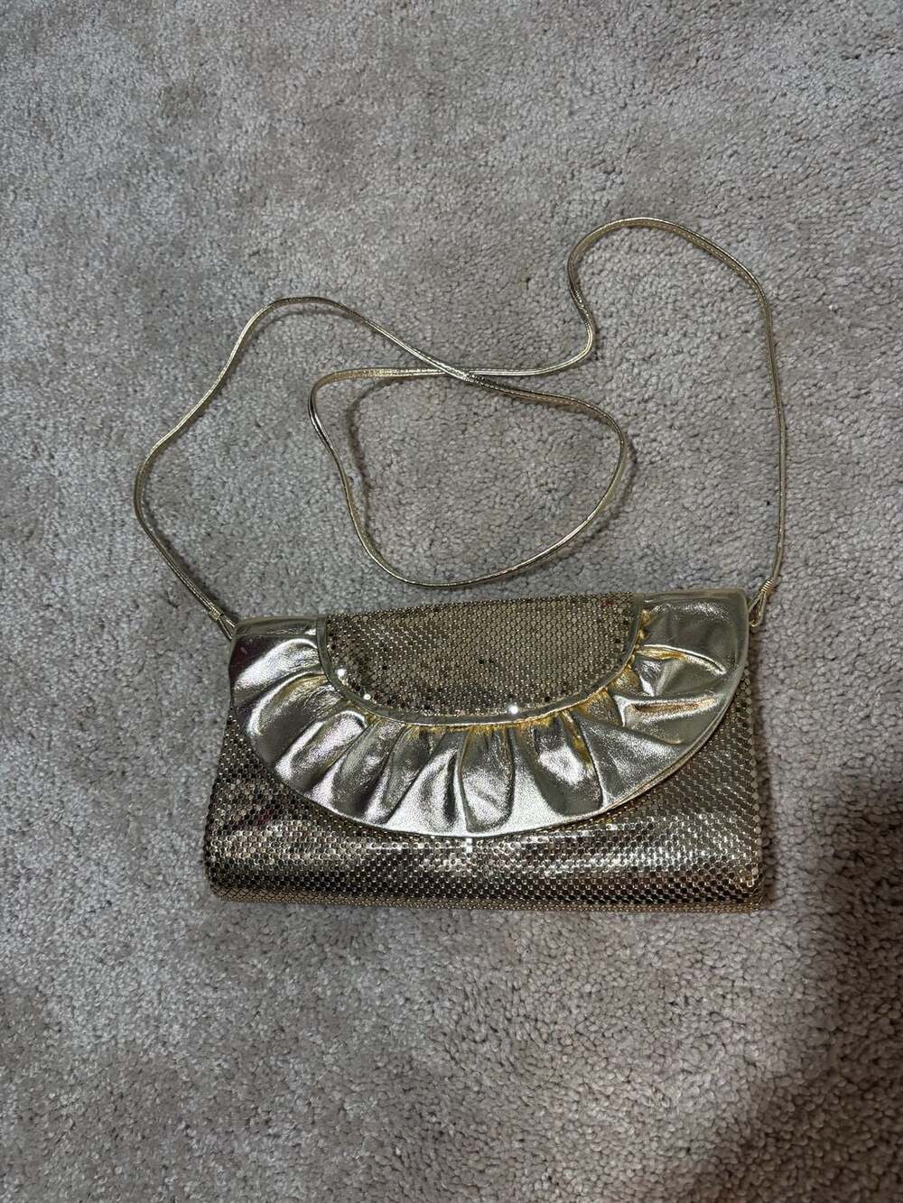 Whiting and Davis Gold Mesh Ruffle Flap Evening Clutch Shoulder Bag